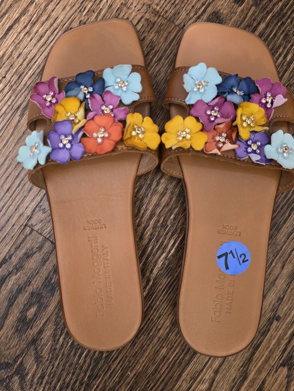 Fabio Maggenti Italy Leather Floral rhinestones Slide Sandals 7.5 - Picture 2 of 5